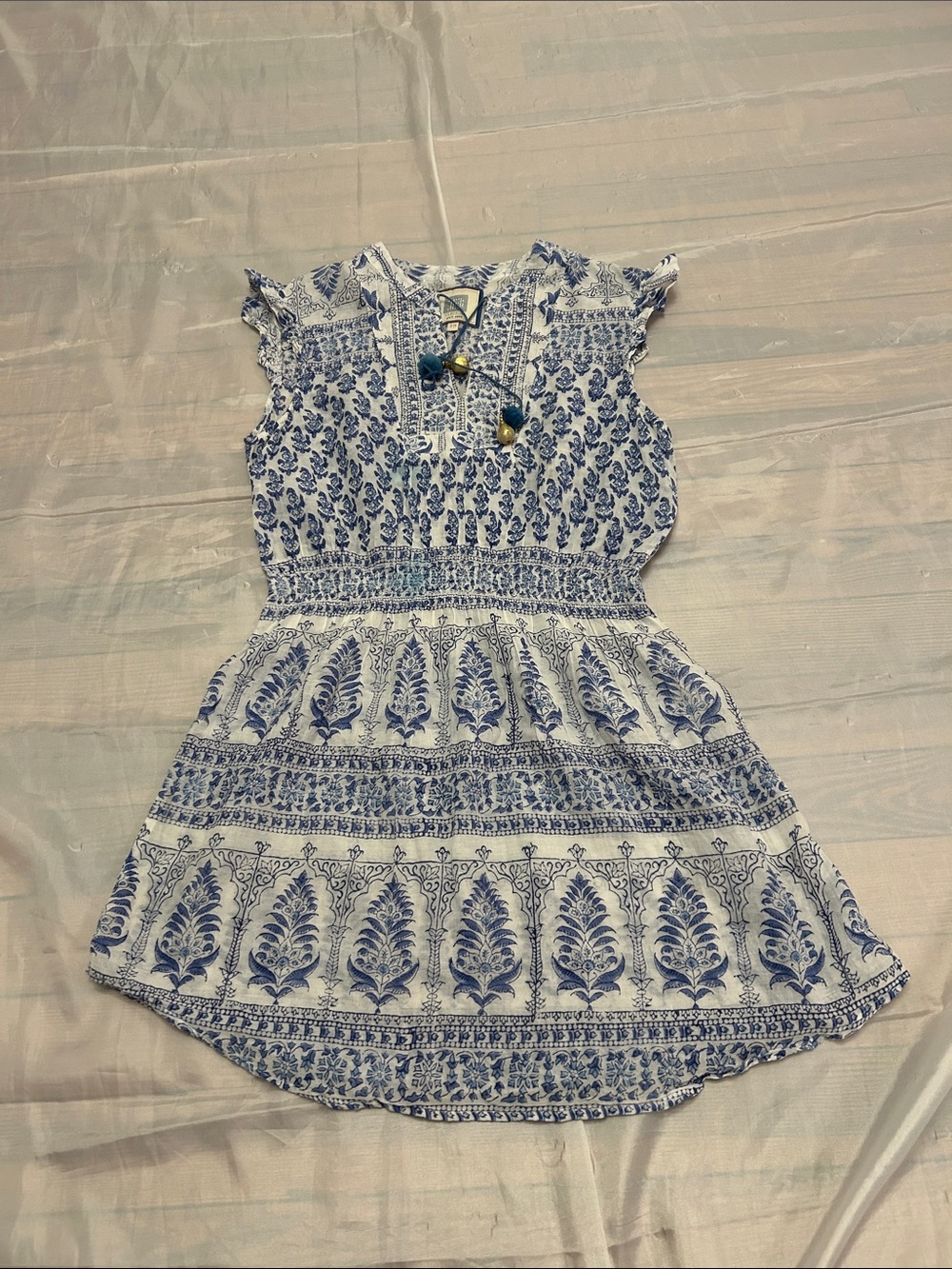 Girls White and Blue Printed Cotton Sundress with Tassel Detail